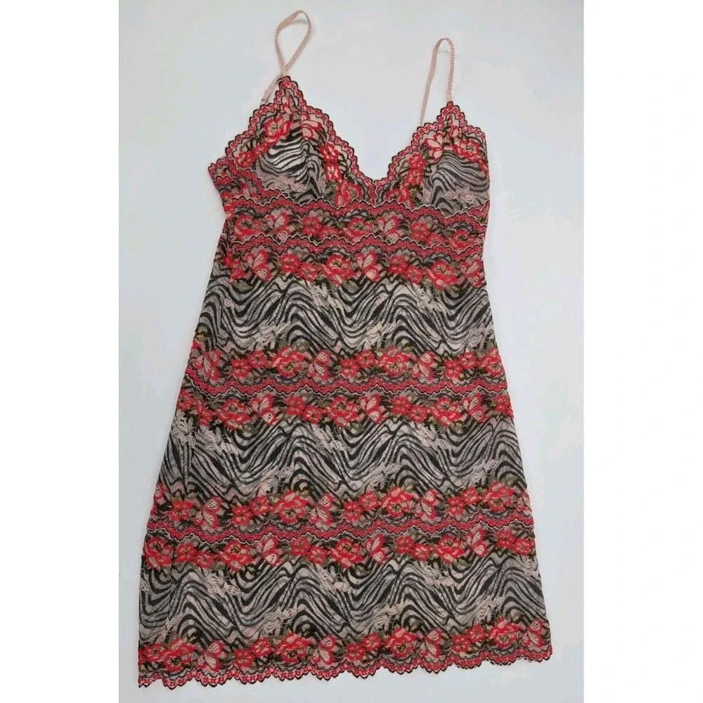 Josie Natori Floral Zebra Sheer Slip Dress Mini Stretch Size‎ S Festival Party